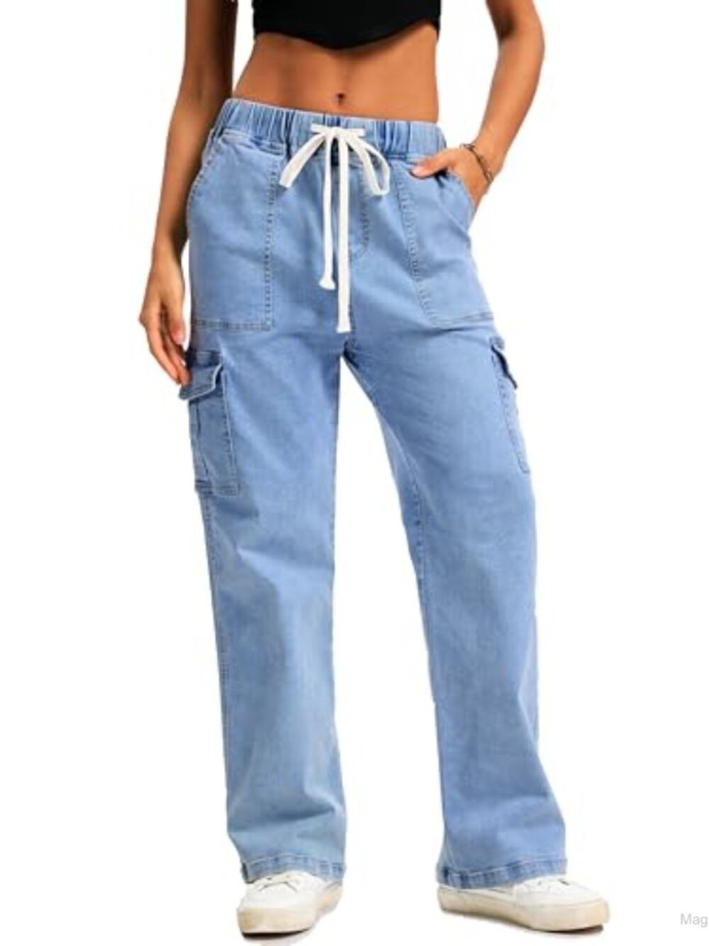 High Waisted Cargo Jeans Straight Leg Stretch Denim Pants